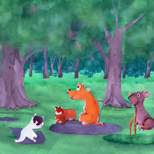 Prompt: Storybook illustration of anthropomorphic animals playing in the park, watercolor style