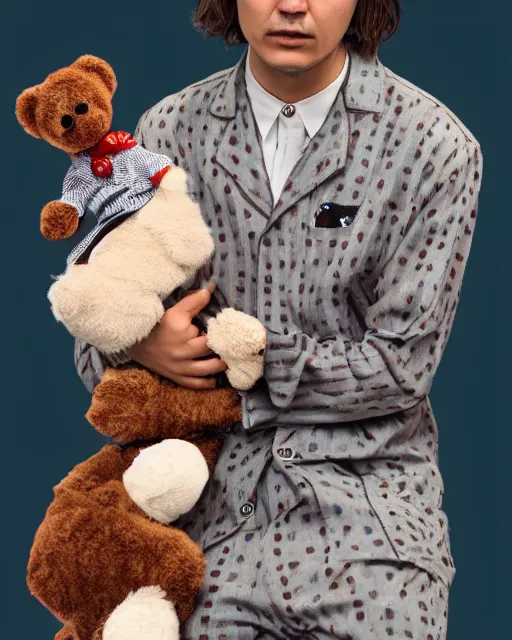 Prompt: frank dillane wearing pajamas with feet and holding a teddy bear, sleepy, intricate, detailed, trending on artstation