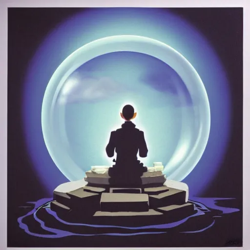 Prompt: hyperrealist, dull colors, interior shot from howls moving castle 2 0 0 4 of a gret monk meditating on a grey cube inside a cubic bubble in a flooded stonehenge pyramid. bubble.