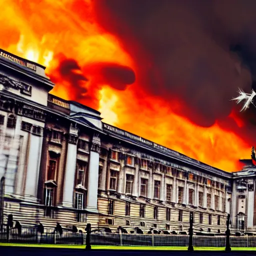 Prompt: photography of Buckingham palace collapsing in flames and dark smoke, VFX, cinematic, rule of thirds, golden ratio, evening