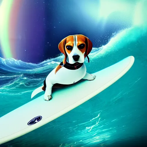 Image similar to photo of a beagle surfing a surfboard on a crashing l wave of alien ocean in space, background is an alien galaxy, aliens in the background, alien colors, octane render, unreal engine, wide view, 8 k, high detaild