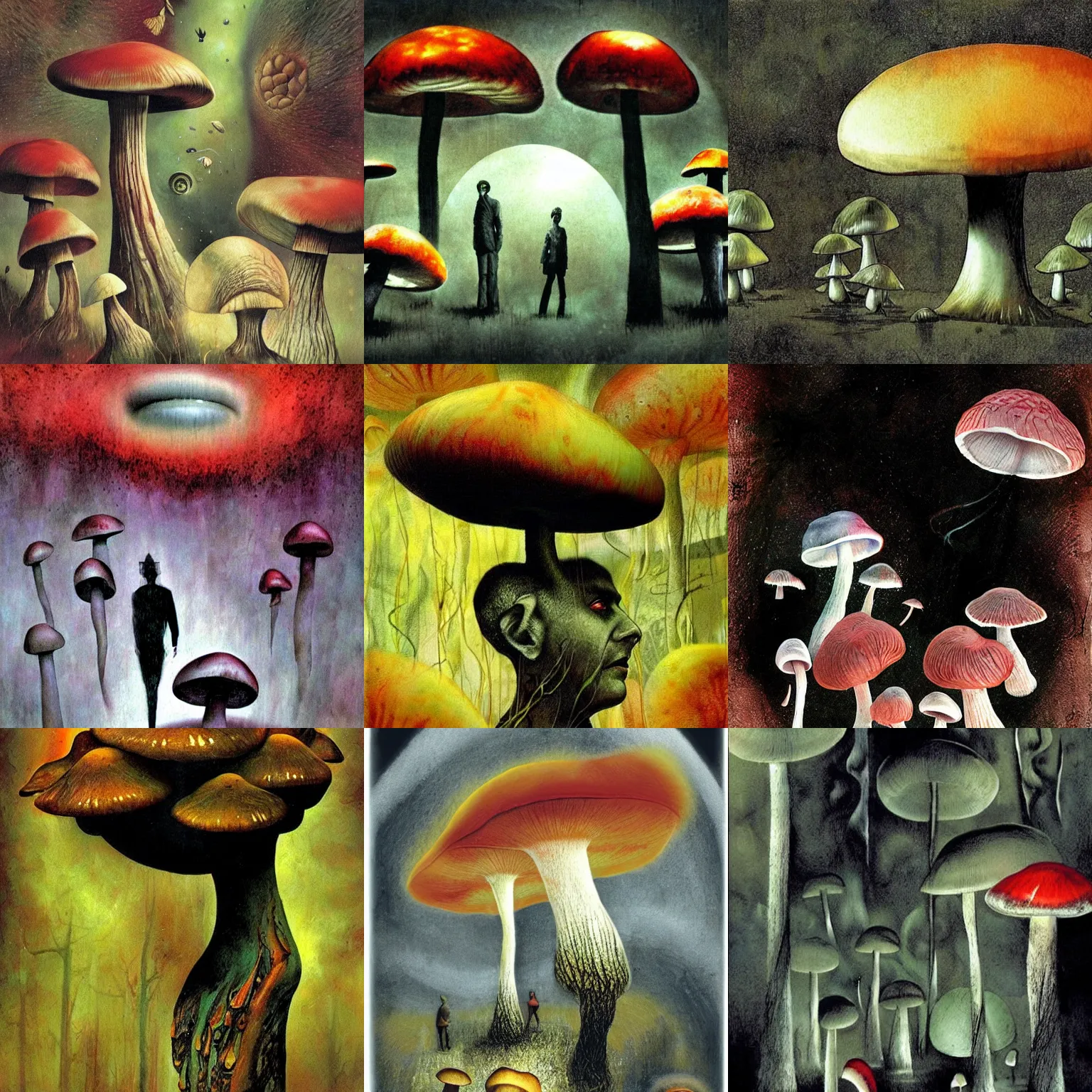 Prompt: dreary realism psychedelic mushrooms dream, in a universe where humans don't exist, by dave mckean