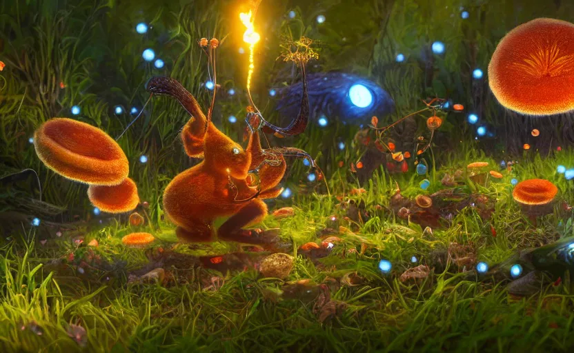 Image similar to foxfire fungi, fireflies, expressive eyes, floating, rbc, radiolaria, protophyta, micro - organisms, center frame, symmetric, rim light, marine microbiology, bioluminescence, electric, fur, soft, concept art, intricate details, highly detailed, colorful, photorealistic, disney pixar, octane render