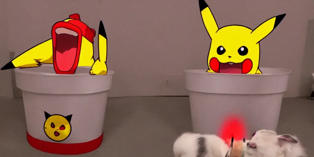 Image similar to pikachu devouring a dog sharp teeth burtal eyes scary mouth dark room red candles trash bin