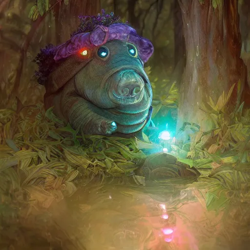 Image similar to ultra realistic illustration of magical tardigrade, forest, fantasy, colorful lights, intricate, elegant, highly detailed, digital painting, artstation, concept art, smooth, sharp focus, illustration, art by artgerm and greg rutkowski and alphonse mucha