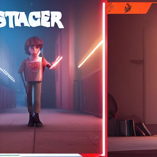 Image similar to max, stranger things, clash royal style characters, unreal engine 5, octane render, detailed, cinematografic, cinema 4 d