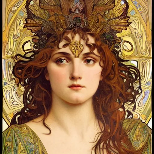 Prompt: realistic detailed face portrait of a beautiful young Phoenix Goddess by Alphonse Mucha, Greg Hildebrandt, and Mark Brooks, gilded details, spirals, Neo-Gothic, gothic, Art Nouveau, ornate medieval religious icon