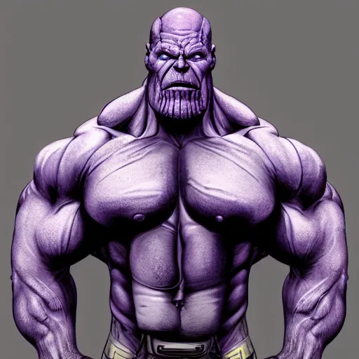 Prompt: Thanos posing for bodybuilding competition, Painting, trending on Artstation