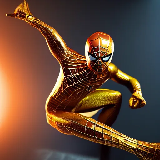 Image similar to gold spider - man suit with black web lining, cinematic, volumetric lighting, realistic, hyperdetailed, photorealistic, photograph