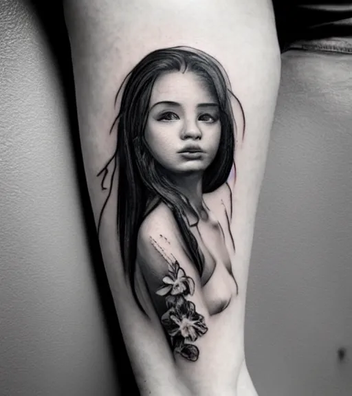 Image similar to a beautiful girl portrait, faded mountain background, realism tattoo, in the style of den yakovlev, black and white, hyper realistic, highly detailed