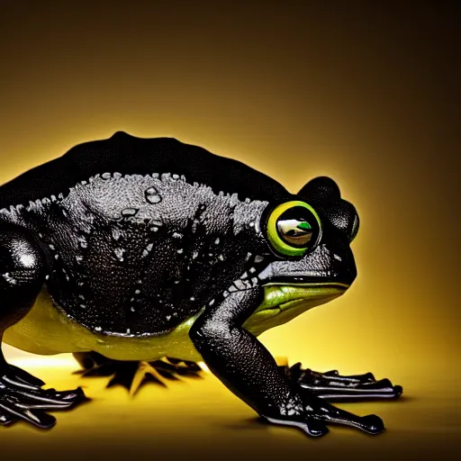 Prompt: photograph of batman cane toad, wearing smooth froggy batsuit, alluring hero pose, its just a frog wearing a batman costume, painterly, breathtaking stande, triumphant, ornate, intricate, hyper detailed, accent lighting, dramatic light, 4 k octane render