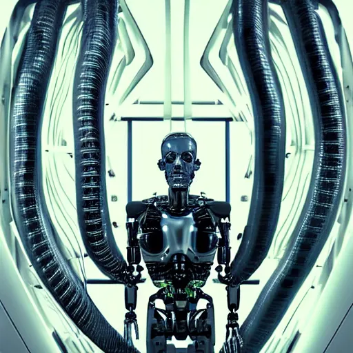 Image similar to the torso of fully a mechanical terminator man with borg implants, human face and robotic snakes coming out of his head is hanging from cables and wires off the ceiling of an futuristic computer lab and plugged into a quantum computer. His bottom half is missing with cables hanging out. resonance glowing red and white fractals, black dark background. curly blond hair pale skin. very detailed 8k. Cyberpunk horror style.