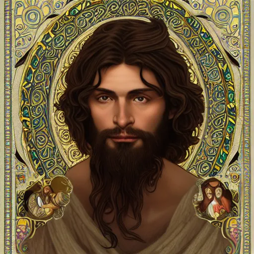 Image similar to an extremely detailed illuminated manuscript of a ridiculously good looking jesus that looks like a jewish gigachad with his 1 2 apostle entourage, long curly hair, elegant ancient greek dress, very detailed, windy beach, beautiful, intricate, cinematic, artstation, william bouguereau, alphonse mucha, greg rutkowski, rossdraws, octane render