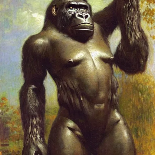 Prompt: highley detailed potrait of an anatomically correct gorilla mecha, painting by gaston bussiere, craig mullins, j. c. leyendecker, lights, art by ernst haeckel, john william godward, hammershøi,