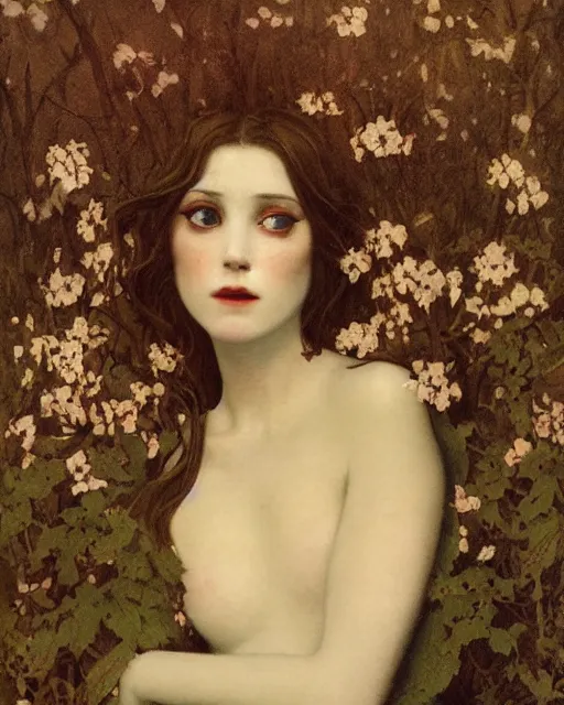 Prompt: a beautiful but sinister and creepy woman in layers of fear, with haunted eyes, violence in her eyes, putting on lipgloss, 1 9 7 0 s, seventies, delicate embellishments, a little blood, woodland, moonlight shining on wildflowers, painterly, offset printing technique, by alexandre cabanel, mary jane ansell