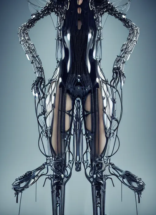 Image similar to catwalk, forest, iris van herpen gothic inflateble dark dress, perfect symmetrical body, helmet on face, full body shot, inflateble shapes, wires, tubes, veins, jellyfish, white biomechanical details, wearing epic bionic cyborg implants, masterpiece, intricate, biopunk, vogue, highly detailed, artstation, concept art, cyberpunk, octane render