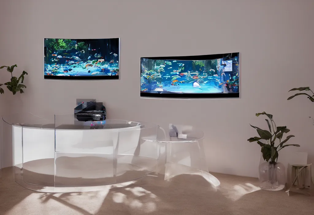 Image similar to curved transparent 3 dtv shark popping out of tv, volumetric lighting, bedroom, visor, users, pair of keycards on table, bokeh, creterion collection, shot on 7 0 mm, instax