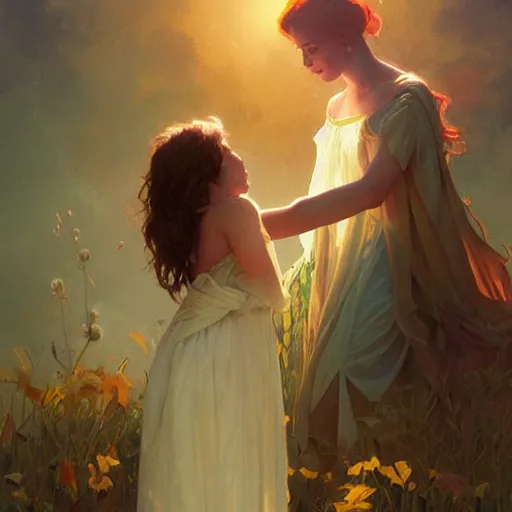 Image similar to young girl saying goodbye to her mother, highly detailed, digital painting, artstation, concept art, sharp focus, illustration, art by alex ross and greg rutkowski and alphonse mucha