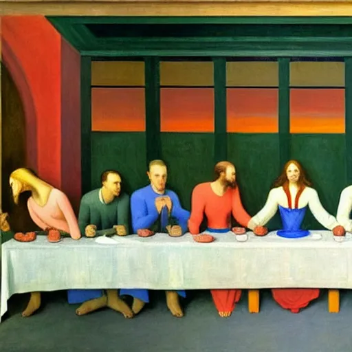 Image similar to 1942 oil on canvas painting by Edward Hopper, the last supper