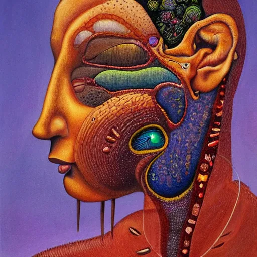 Image similar to by mati klarwein mournful biopunk. a beautiful painting of a person in profile, with their features appearing both in front of & behind their head.