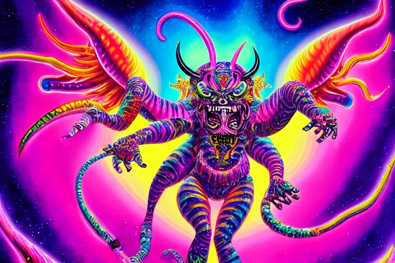 Prompt: lisa frank illustration of rebulon the ancient demon, by lisa frank, masterpiece concept art, 8 k, intricate detail, cinematic lighting, epic pose, bright colors