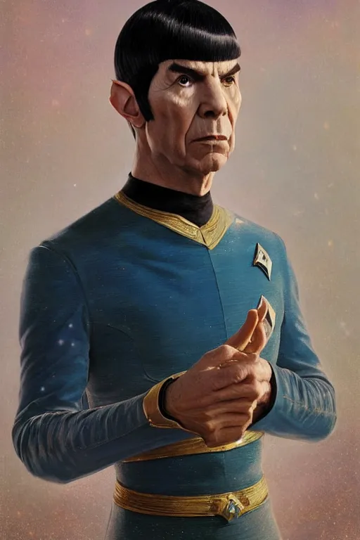 Image similar to photorealistic portrait photograph of spock as a glorious regal space king, sleek outfit, upper body, fantasy, handsome, depth of field, soft focus, highly detailed, intricate, realistic, national geographic cover, soft glow, textured, artstation, concept art, sharp focus, illustration, art by artgerm and greg rutkowski and alphonse mucha