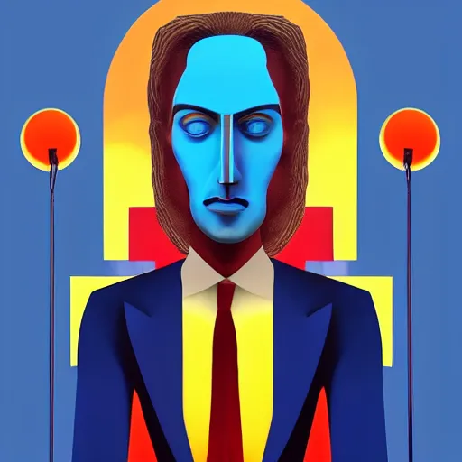 Image similar to ultra realistic portrait ofa man in suit in a studio, ultra detailed, under blue, red and yellow cinematic lighting, salvador dali, cartoon, monument valley, escher