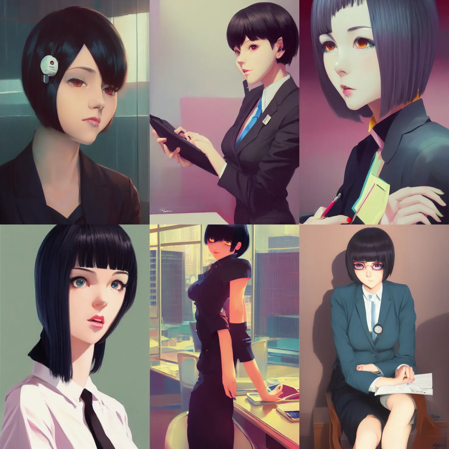 Prompt: a portrait of a cute young female office worker with black bob cut hair, business setting, vivid colors, soft lighting, atmospheric, cinematic, moody, in the style of Ilya Kuvshinov and Range Murata, Krenz Cushart, oil on canvas, 8k