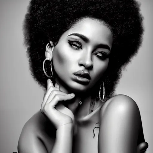 Prompt: gorgeous sultry model with a curly afro, cinematic pose, intricate hair details, jewellery, big hooped earrings, long nails, off the shoulder shirt, soulful, pouty lips, real life details, soft shadows, sharp focus, volumetric lights, rim light, character details, 3 d, award winning, model, beautiful, gorgeous