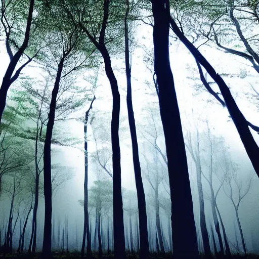 Prompt: An indigo forest in Japan, dark, midnight, seven ghostly white trees