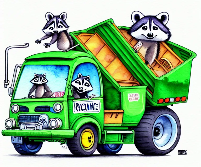 Image similar to cute and funny, racoon riding in a garbage truck, ratfink style by ed roth, centered award winning watercolor pen illustration, isometric illustration by chihiro iwasaki, edited by range murata, tiny details by artgerm and watercolor girl, symmetrically isometrically centered, sharply focused