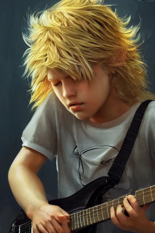 Prompt: blonde wild hair boy with eye - patch playing fender stratocaster, close - up portrait, plain white tshirt, powerfull, intricate, elegant, volumetric lighting, scenery, digital painting, highly detailed, artstation, sharp focus, illustration, concept art, ruan jia, steve mccurry