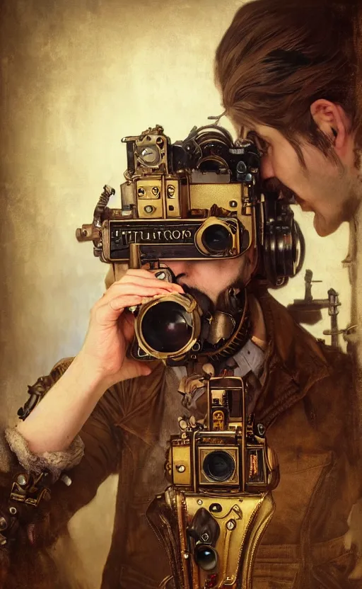 Prompt: hyper realistic male photographer looking through a vintage steampunk medium format camera, design on white background, beautiful details, lush foliage cyberpunk, gold, drawn by john singer sargent, tom bagshaw, norman rockwell, alphonso mucha, lolish, trending on artstation