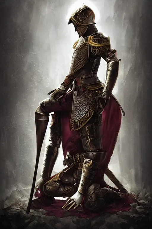 Prompt: aesthetic digital illustration of a wounded knight kneeling on a battlefield, by anne stokes | dirty royal robes, broken throne, character concept, concept art, unreal engine, finalrender, centered, deviantart, artgerm