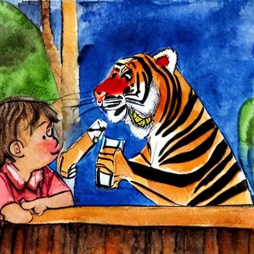 Prompt: a tiger wearing a hawaii shirt drinking a beer at an outdoor bar in stockholm, children\'s book watercolor drawing