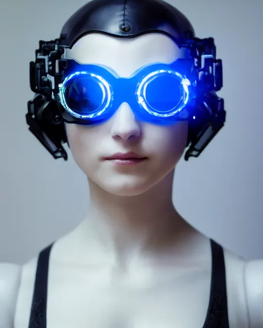 Image similar to centered portrait photo by bouguereau of female dancer as a cyberpunk mecha humanoid robotic parts wearing goggles with led lights, inside white room, ultra - realistic and detailed, 8 k