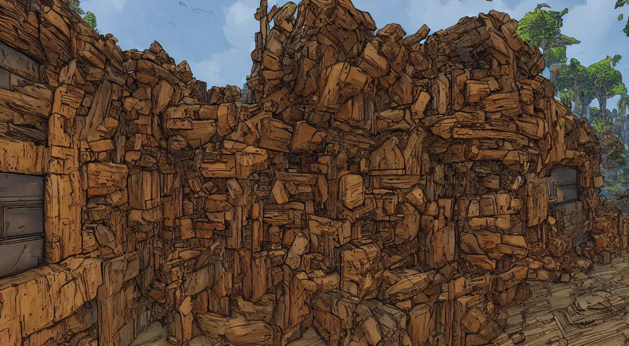 Image similar to wood wall fortress greeble block amazon jungle global illumination ray tracing that looks like it is from borderlands and by feng zhu and loish and laurie greasley, victo ngai, andreas rocha, john harris