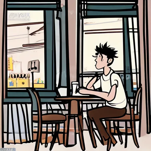 Image similar to comic cartoon manga male brown short hair cute white shirt sitting in cafe looking out window as traffic goes by