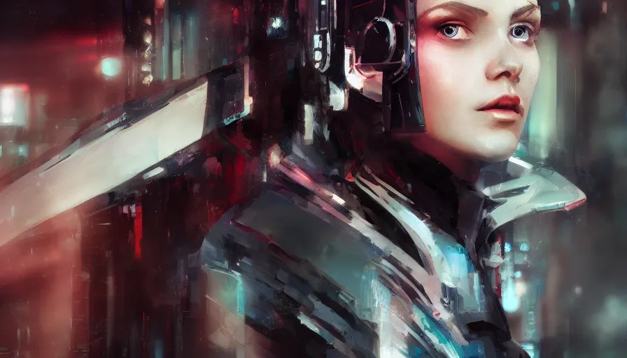 Prompt: portrait full length, cyberpunk female, concept art by jama jurabaev, cinematic shot, trending on artstation, high quality, brush stroke