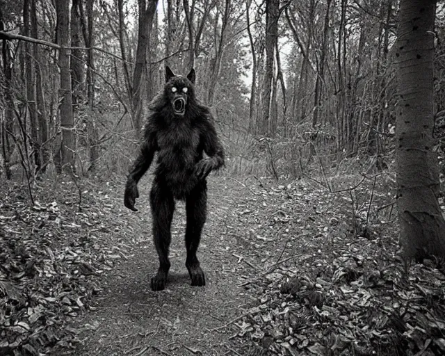 Prompt: photo of standing werewolf monster caught on a trail cam