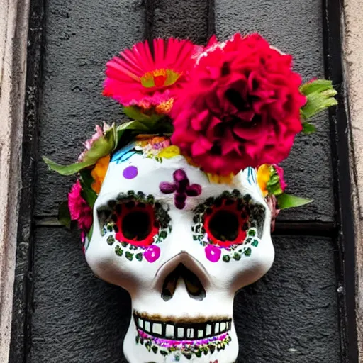 Image similar to photograph of a Dia de Los Muertos style skull on a windowsill, with the sun beaming in. The camera is below the skull, looking up to it