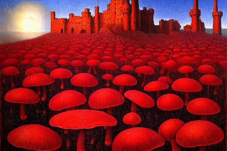 Image similar to only with red, red mushrooms of different types, a red tiger, a castle in the background, medieval demons dance over the flowers, an ancient path, in the style of beksinski, part by hopper, part by rodcenko, part by hofbauer, intricate composition, red by caravaggio, insanely quality, highly detailed, masterpiece, red light, artstation