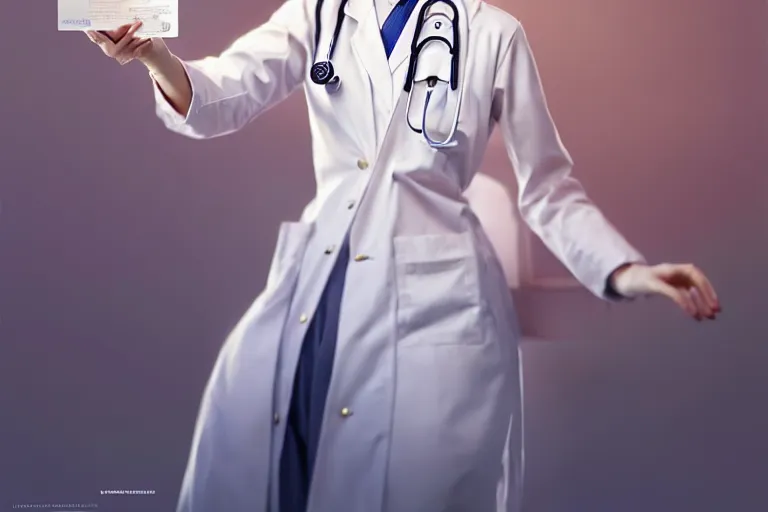 Image similar to a elegant and beautiful japanese female doctor in a white coat in a clinic, cinematic, highly detailed, digital painting, artstation, concept art, matte, sharp focus, illustration, art by artgerm and greg rutkowski