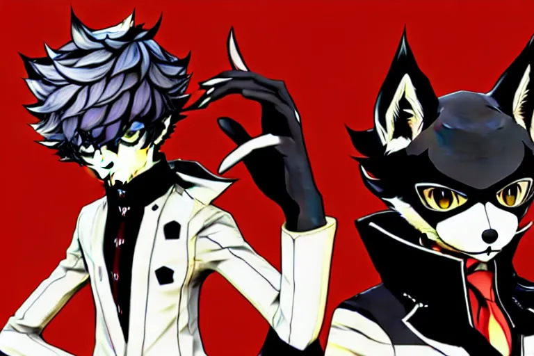 Prompt: persona 5 : royal ( by atlus ) video game splash screen, a furry male sandcolored tan fox fursona ( has hair ), persona 5 phantom thief style