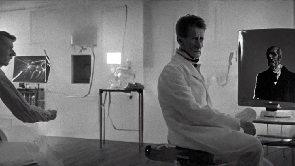 Image similar to an mri image of james cavell in the living room, film still from the movie directed by denis villeneuve with art direction by salvador dali, wide lens