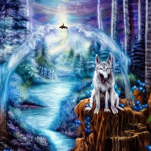 Image similar to humanoid wolf holding an bow and arrow in hand in an enchanted forest with a blue hue and blue fireflie and a waterfall in the distance that magically glows blue, insanely detailed, hyper realistic