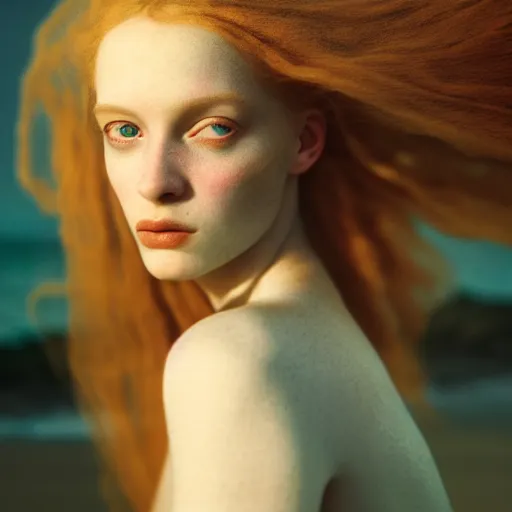 Image similar to photographic portrait of a stunningly beautiful english renaissance female in soft dreamy light at sunset, beside the sea, soft focus, contemporary fashion shoot, in a tim burton movie, by edward robert hughes, annie leibovitz and steve mccurry, david lazar, jimmy nelsson, extremely detailed, breathtaking, hyperrealistic, perfect face, octane render