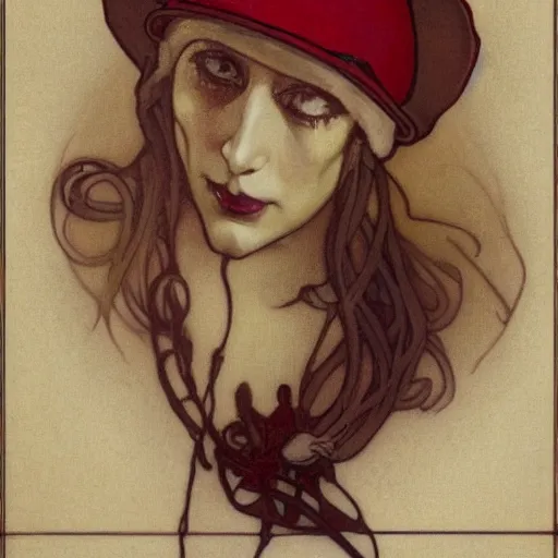 Prompt: A portrait of an evil sorecerer with a red hat by Aphonse Mucha, high detail, 8k