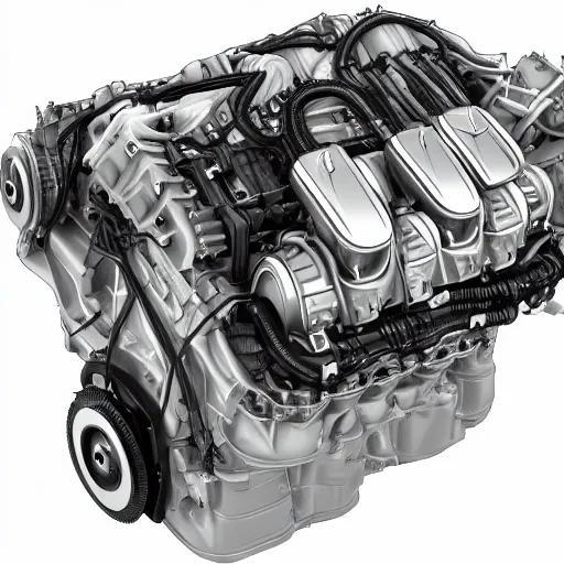 Prompt: Anatomy of an Volvo D5 engine, readable anatomy of an Volvo D5 engine, Readable drawing, Realism, clear image,