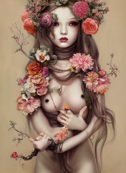 Prompt: pop surrealism, lowbrow art, realistic seductive cute woman painting, long hair, japanese shibari with flowers, hyper realism, muted colours, rococo, natalie shau, loreta lux, tom bagshaw, mark ryden, trevor brown style,
